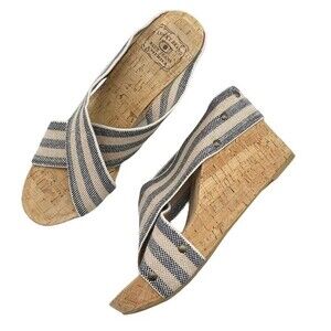 Lucky Brand Miller II Cross Strap Cork Wedge Blue Cream Stripe Women’s Size 9.5